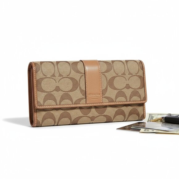 Coach Signature Canvas Brown Wallet with Leather Trim - Picture 1 of 8